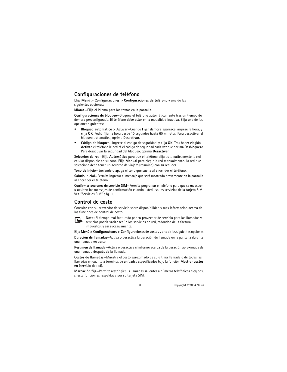 Configuraciones de teléfono, Control de costo | Nokia 2600 User Manual | Page 89 / 185