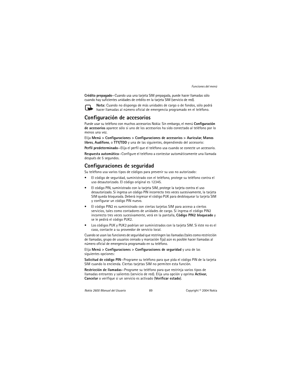 Configuración de accesorios, Configuraciones de seguridad | Nokia 2600 User Manual | Page 90 / 185