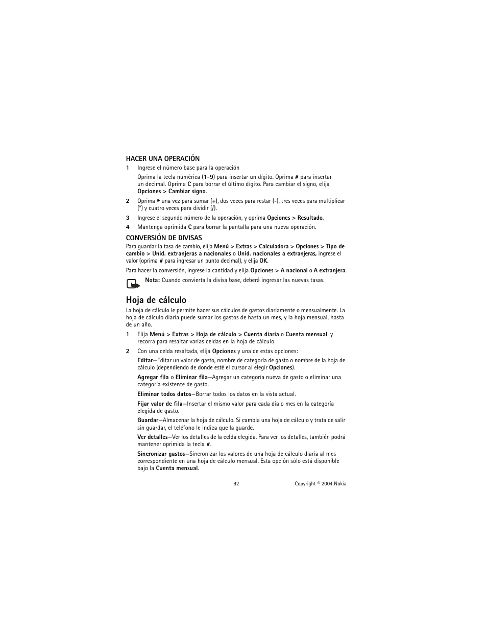 Hoja de cálculo | Nokia 2600 User Manual | Page 93 / 185