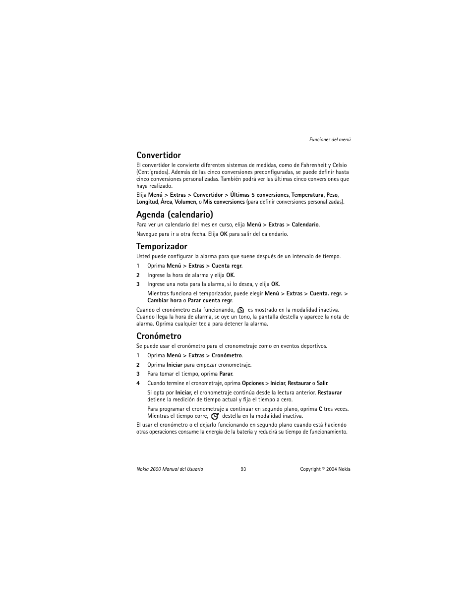 Convertidor, Agenda (calendario), Temporizador | Cronómetro | Nokia 2600 User Manual | Page 94 / 185