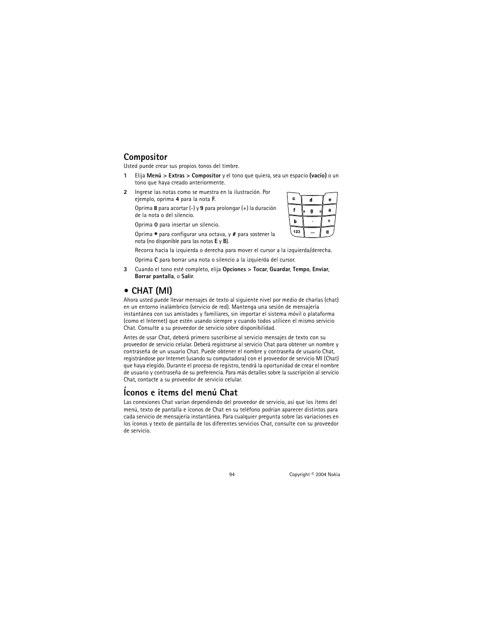 Chat (mi), Compositor, Íconos e items del menú chat | Nokia 2600 User Manual | Page 95 / 185