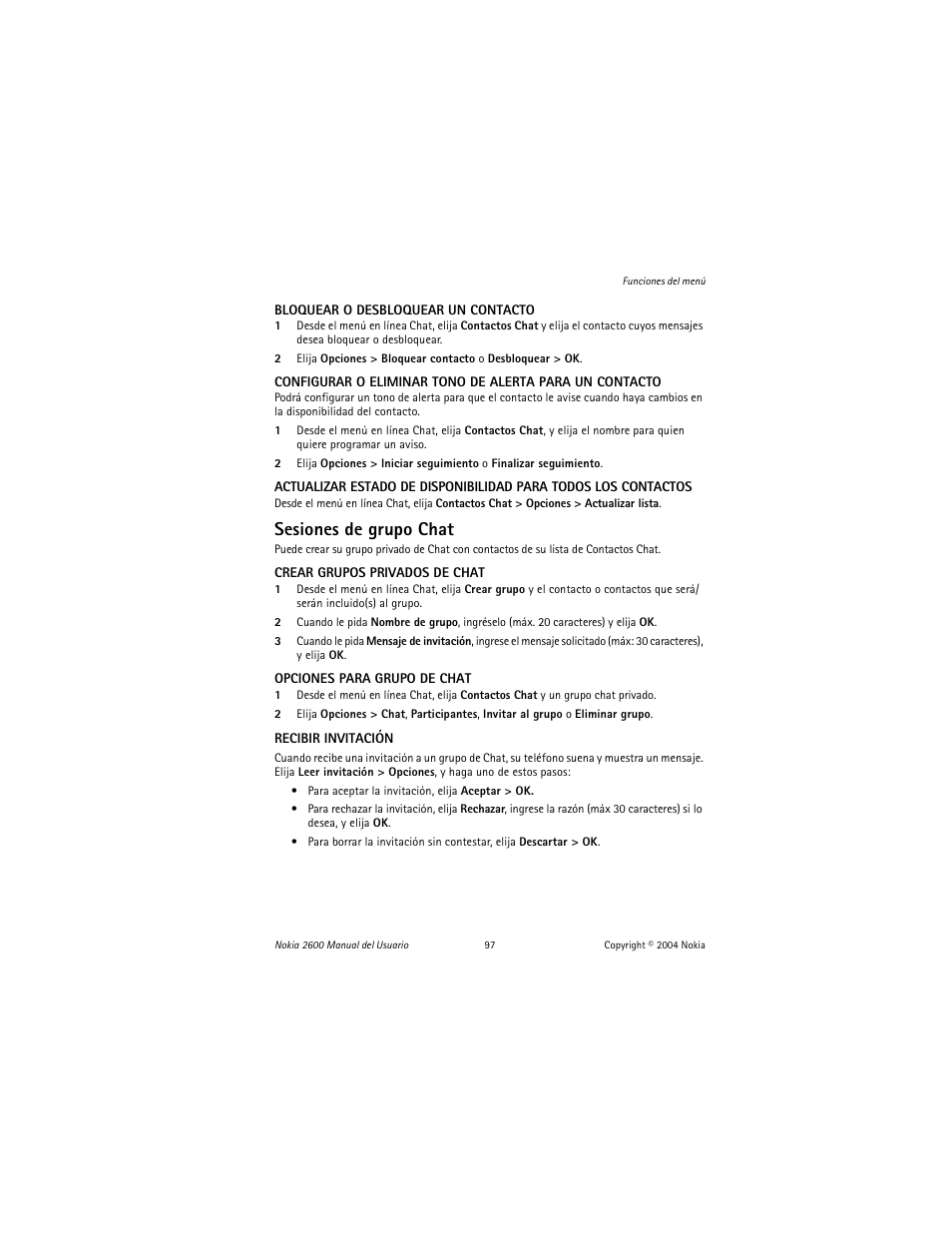 Sesiones de grupo chat | Nokia 2600 User Manual | Page 98 / 185