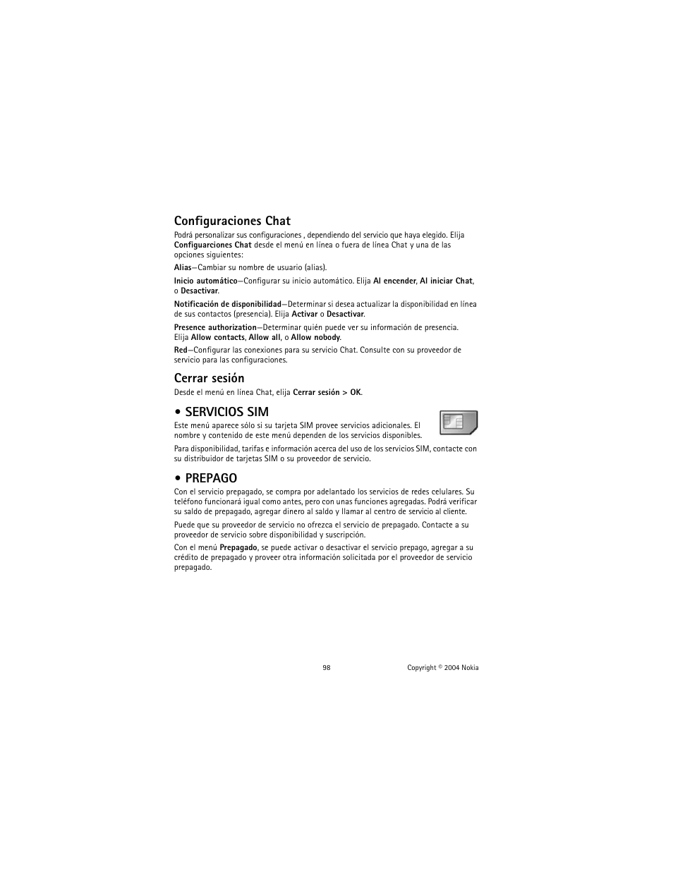 Servicios sim, Prepago, Servicios sim prepago | Configuraciones chat, Cerrar sesión | Nokia 2600 User Manual | Page 99 / 185