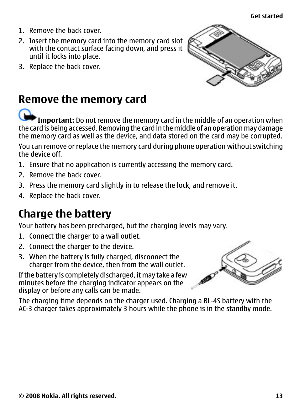 Remove the memory card, Charge the battery | Nokia 7610 Supernova User Manual | Page 13 / 58