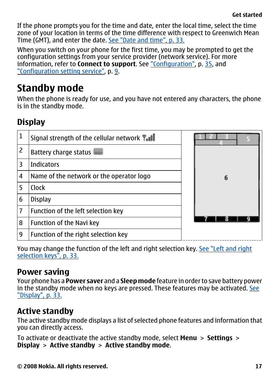 Standby mode, Display, Power saving | Active standby | Nokia 7610 Supernova User Manual | Page 17 / 58