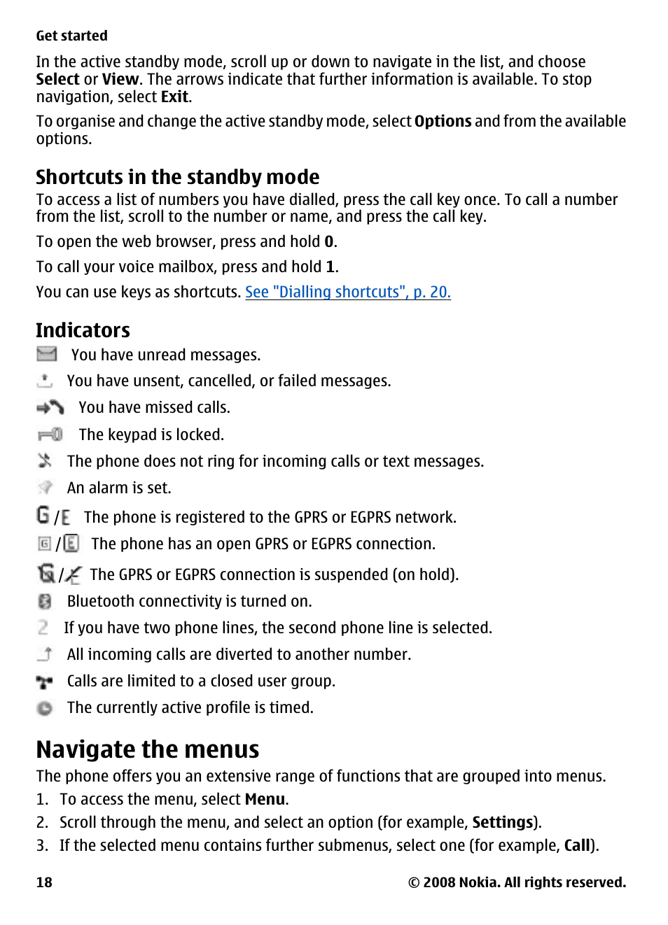 Shortcuts in the standby mode, Indicators, Navigate the menus | Nokia 7610 Supernova User Manual | Page 18 / 58