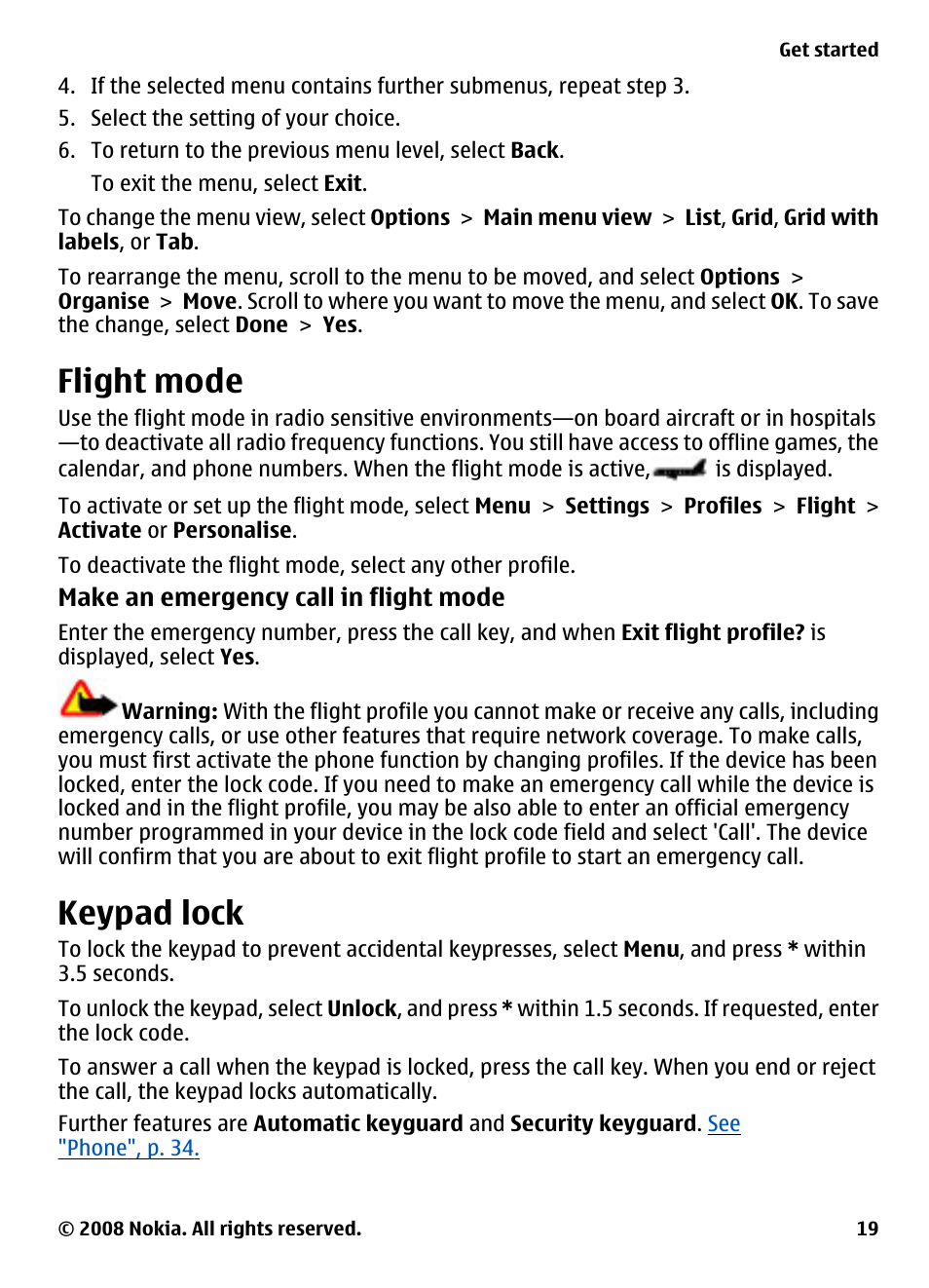 Flight mode, Keypad lock | Nokia 7610 Supernova User Manual | Page 19 / 58