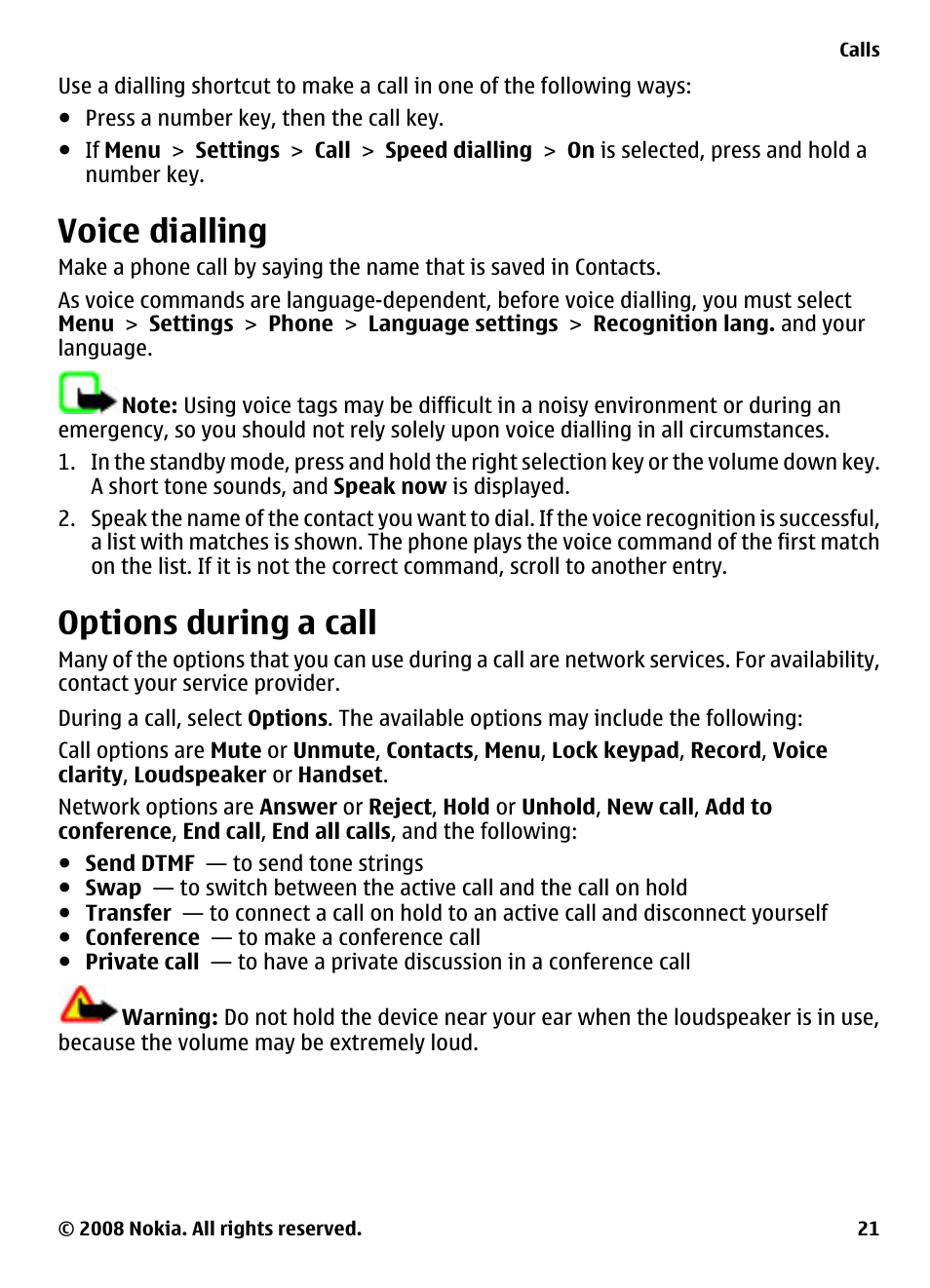 Voice dialling, Options during a call | Nokia 7610 Supernova User Manual | Page 21 / 58