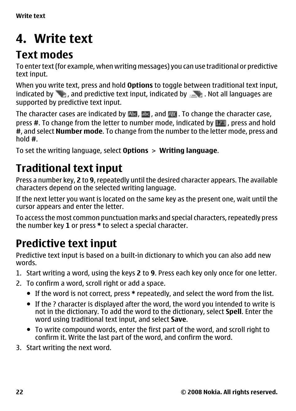 Write text, Text modes, Traditional text input | Predictive text input | Nokia 7610 Supernova User Manual | Page 22 / 58