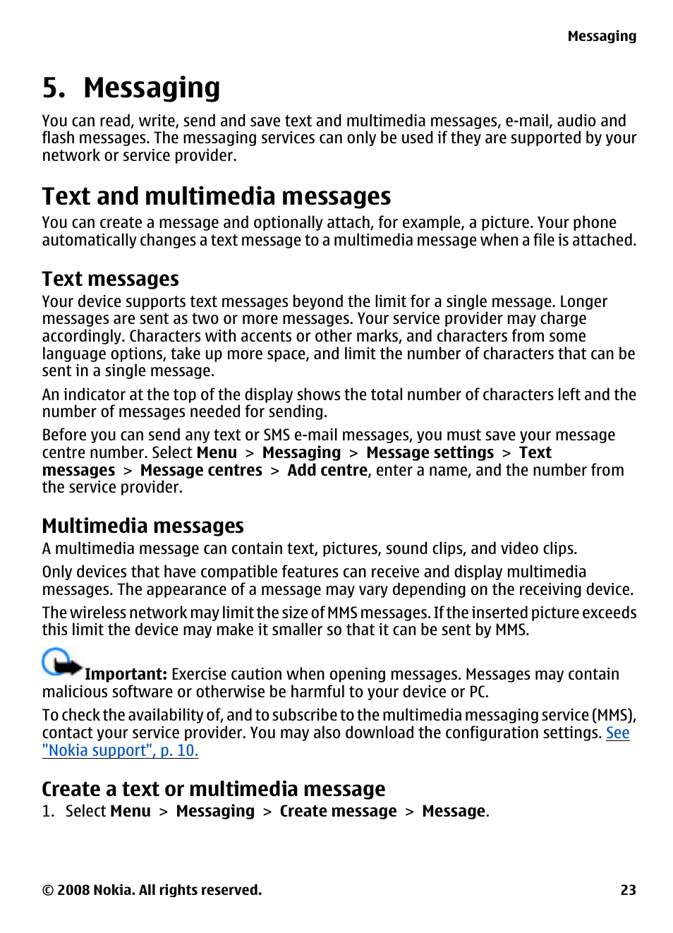 Messaging, Text and multimedia messages, Text messages | Multimedia messages, Create a text or multimedia message, Create a text or multimedia, Message | Nokia 7610 Supernova User Manual | Page 23 / 58