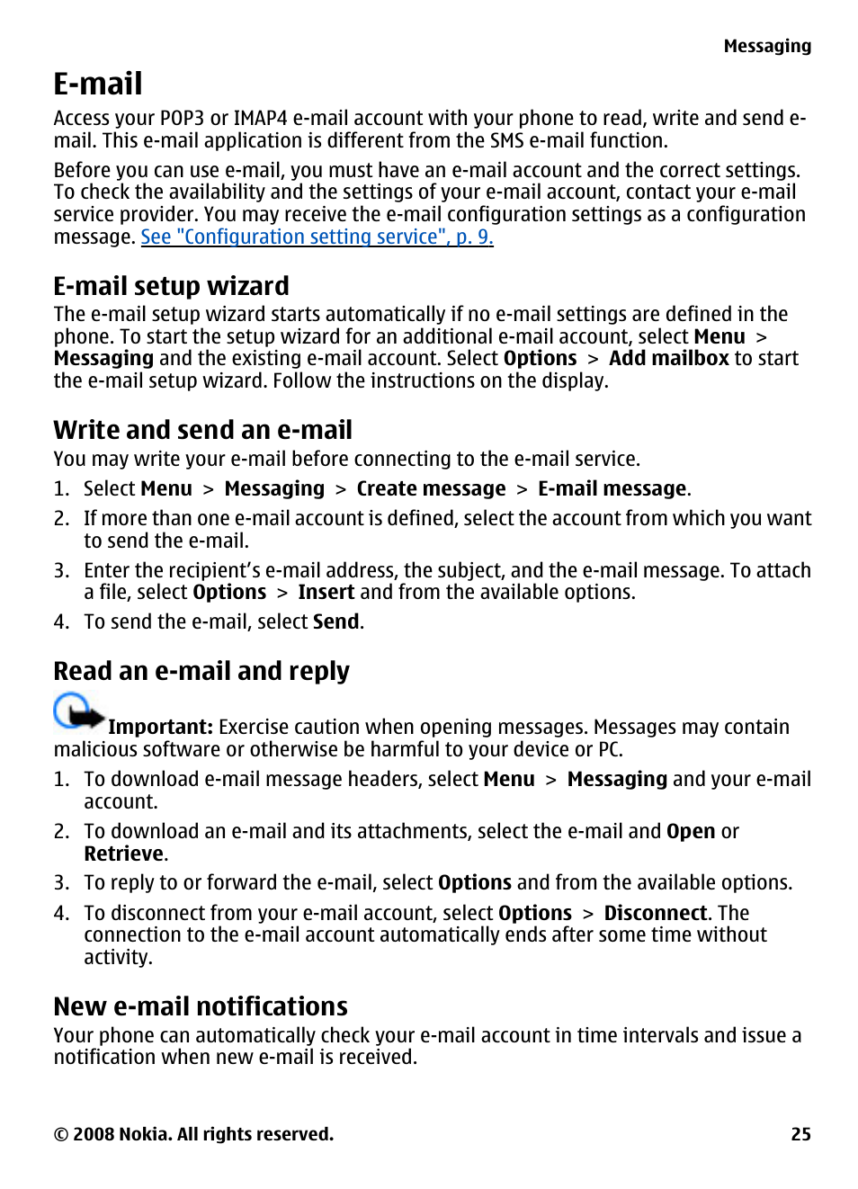 E-mail, E-mail setup wizard, Write and send an e-mail | Read an e-mail and reply, New e-mail notifications | Nokia 7610 Supernova User Manual | Page 25 / 58