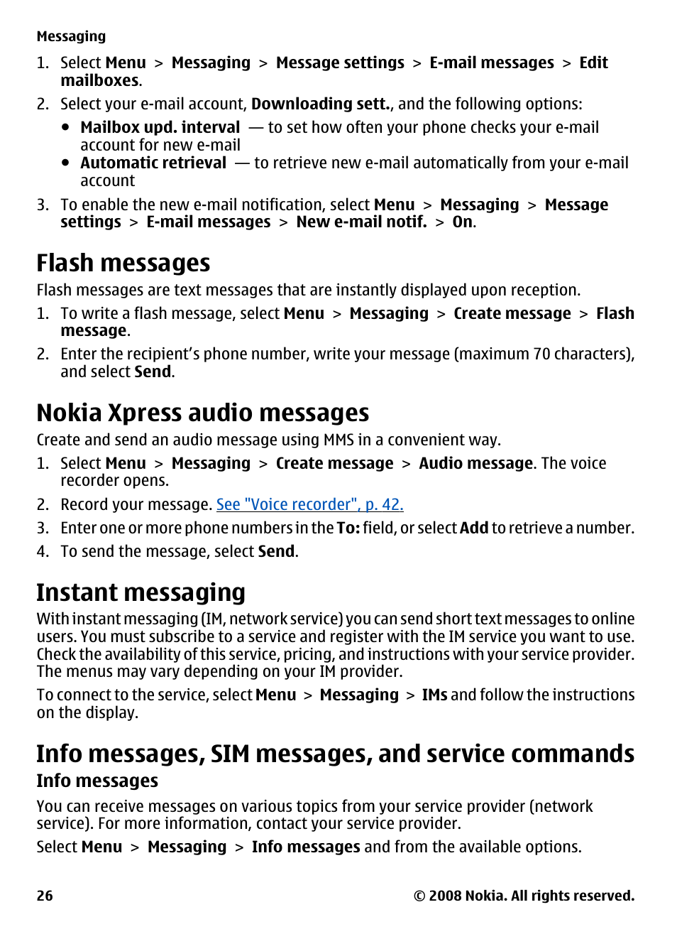 Flash messages, Nokia xpress audio messages, Instant messaging | Info messages, sim messages, and service commands, Info messages, sim messages, and, Service commands | Nokia 7610 Supernova User Manual | Page 26 / 58