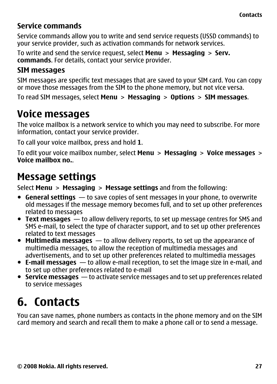 Voice messages, Message settings, Contacts | Nokia 7610 Supernova User Manual | Page 27 / 58