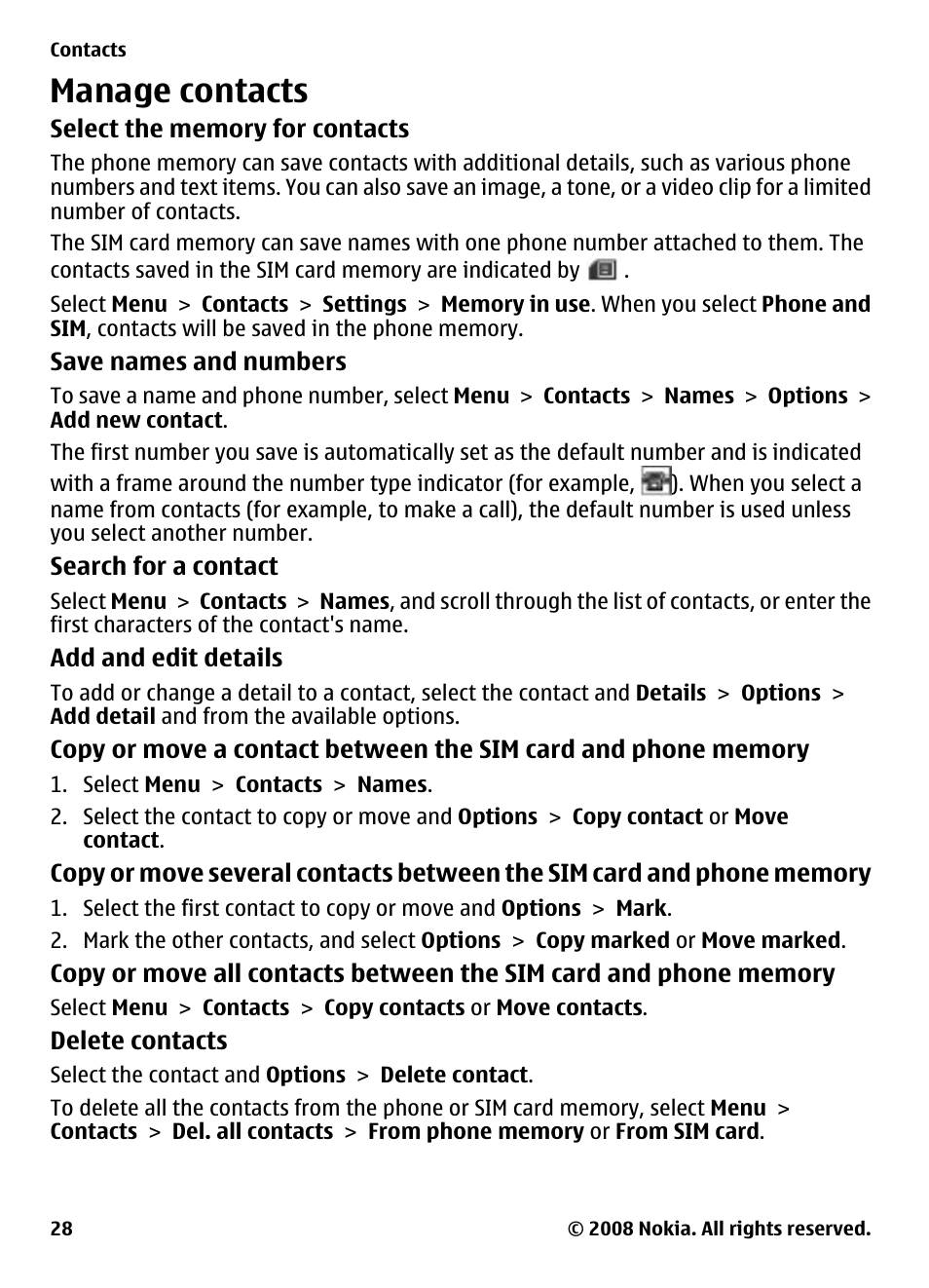 Manage contacts, See "manage, Contacts", p. 28 | Nokia 7610 Supernova User Manual | Page 28 / 58