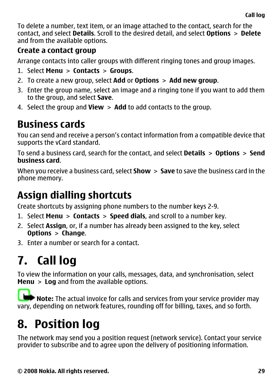 Business cards, Assign dialling shortcuts, Call log | Position log, Call log 8. position log, See "assign dialling, Shortcuts", p. 29 | Nokia 7610 Supernova User Manual | Page 29 / 58