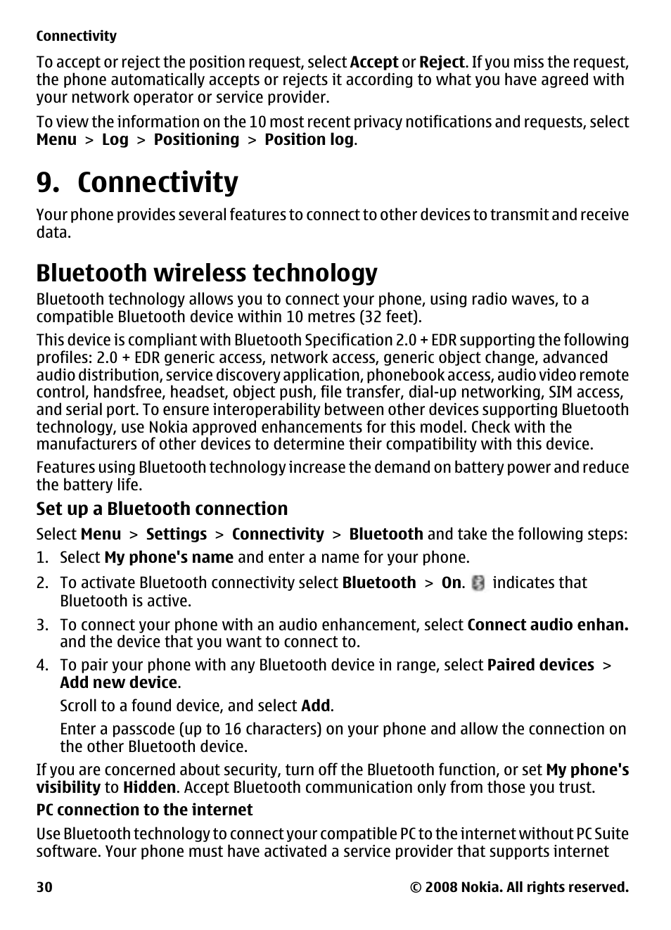 Connectivity, Bluetooth wireless technology | Nokia 7610 Supernova User Manual | Page 30 / 58