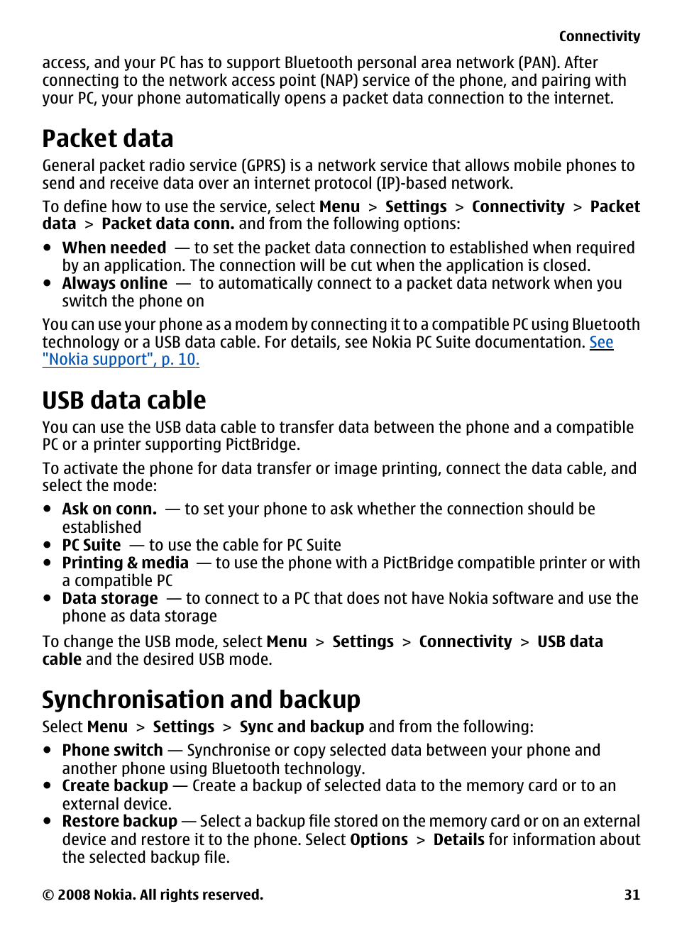 Packet data, Usb data cable, Synchronisation and backup | Nokia 7610 Supernova User Manual | Page 31 / 58