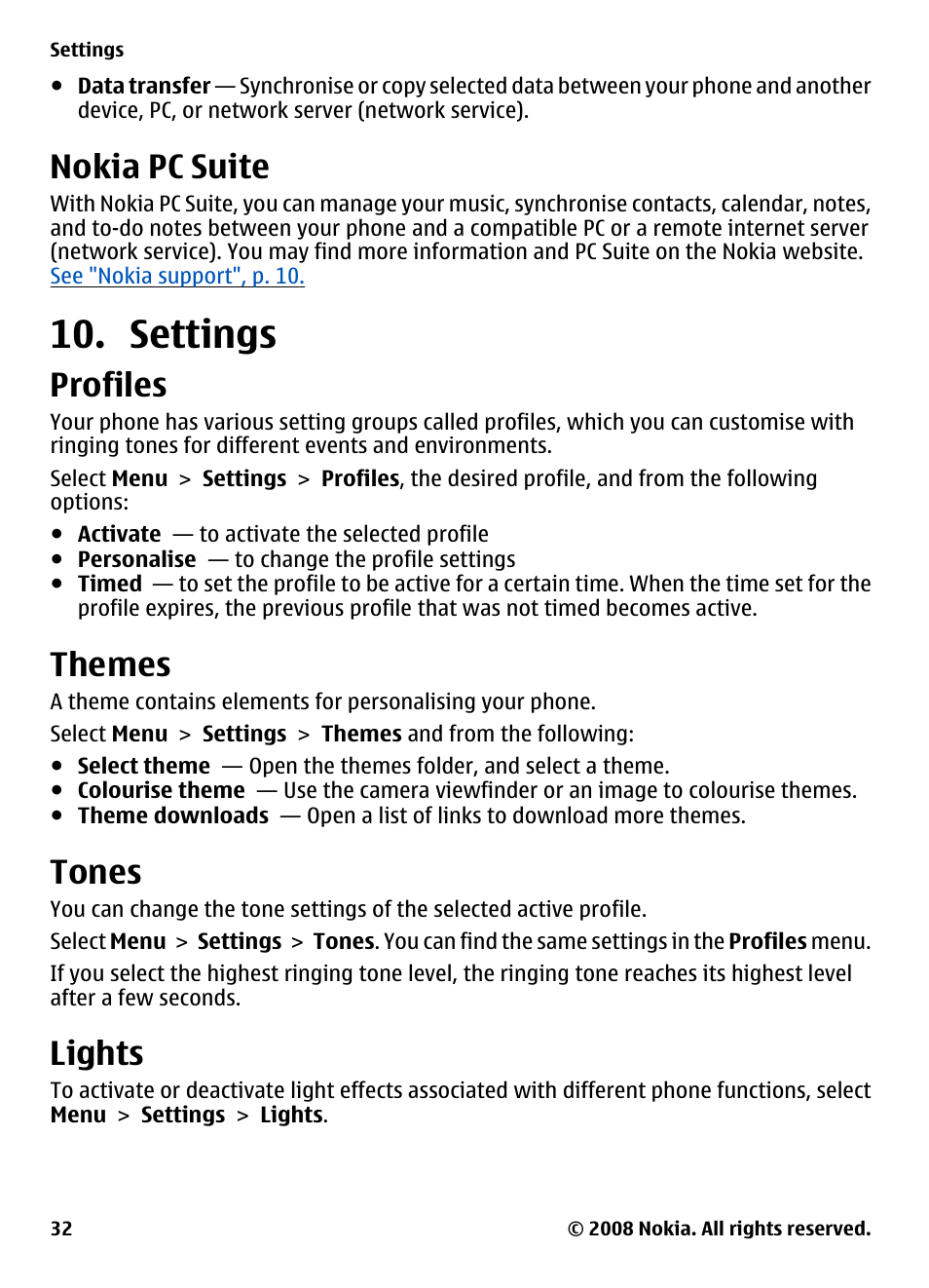 Nokia pc suite, Settings, Profiles | Themes, Tones, Lights | Nokia 7610 Supernova User Manual | Page 32 / 58