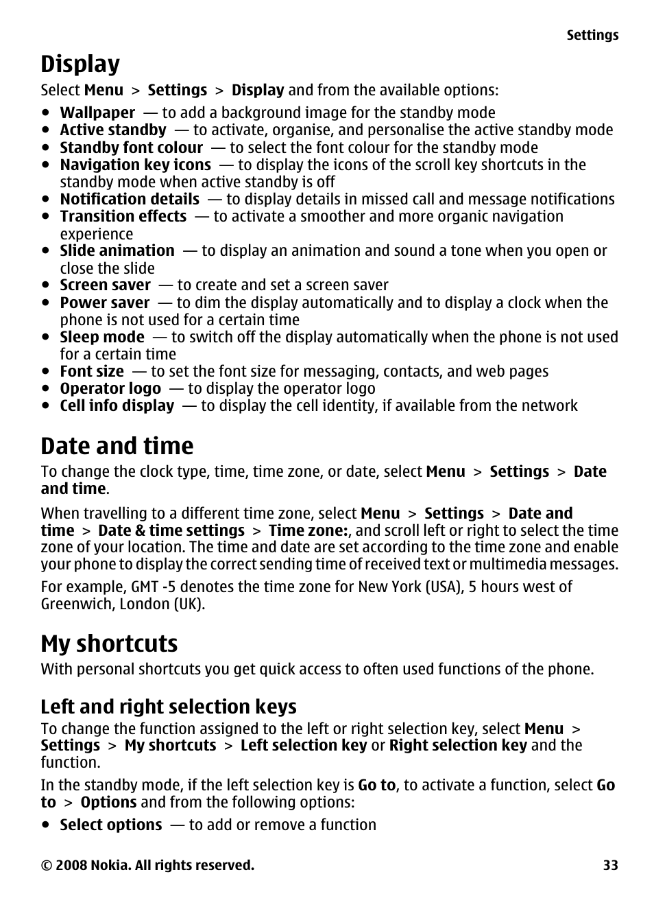 Display, Date and time, My shortcuts | Left and right selection keys, See "date and time", p. 33, See "left and right, Selection keys", p. 33, Activated, Display", p. 33 | Nokia 7610 Supernova User Manual | Page 33 / 58