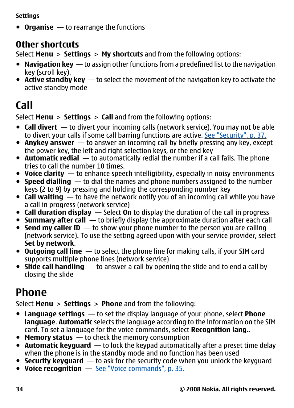 Other shortcuts, Call, Phone | Nokia 7610 Supernova User Manual | Page 34 / 58