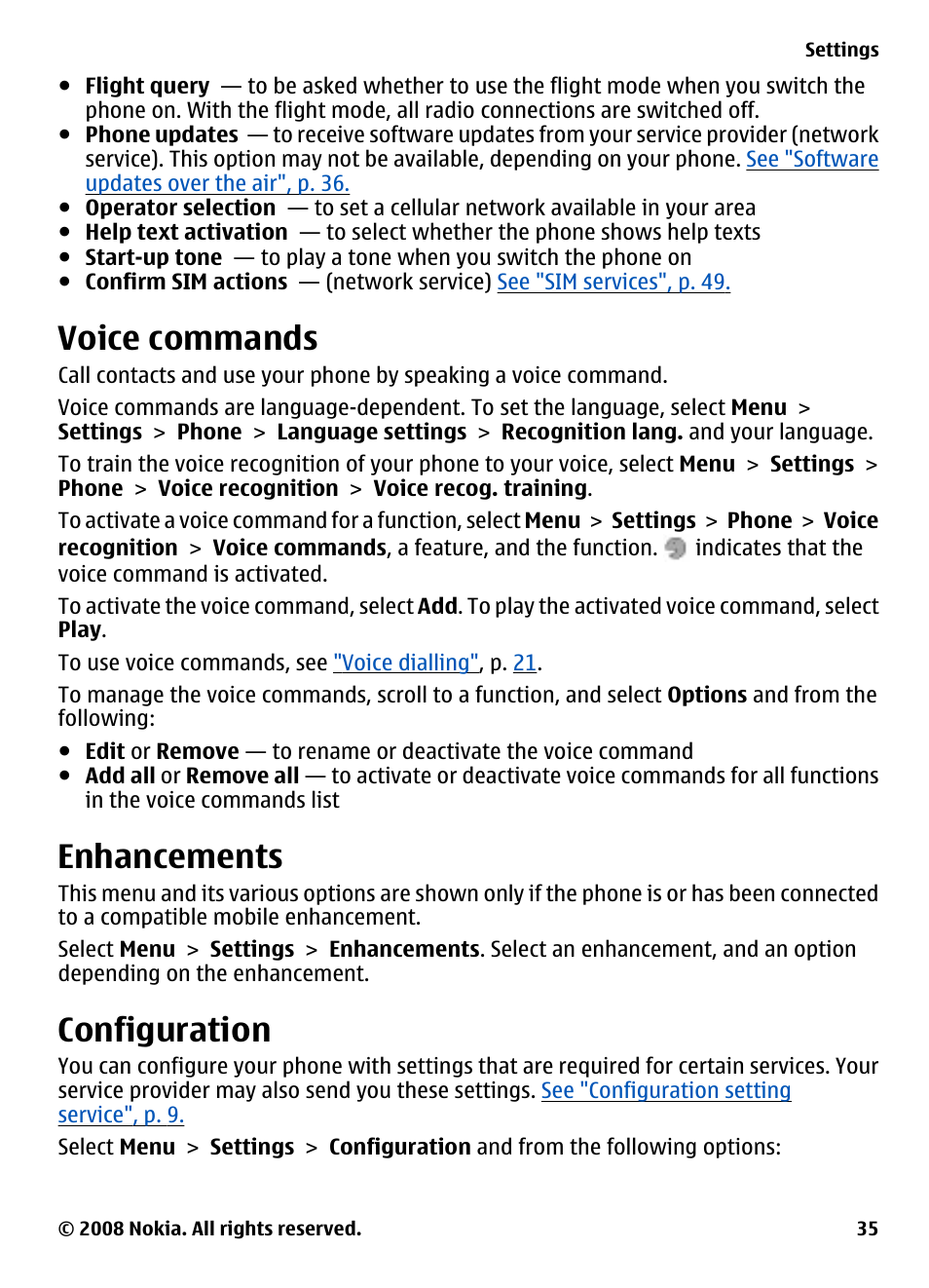 Voice commands, Enhancements, Configuration | Nokia 7610 Supernova User Manual | Page 35 / 58