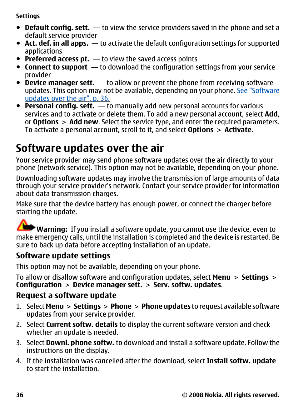 Software updates over the air, See "software updates over the air", p. 36, Phone | See "software, Updates over the air", p. 36 | Nokia 7610 Supernova User Manual | Page 36 / 58