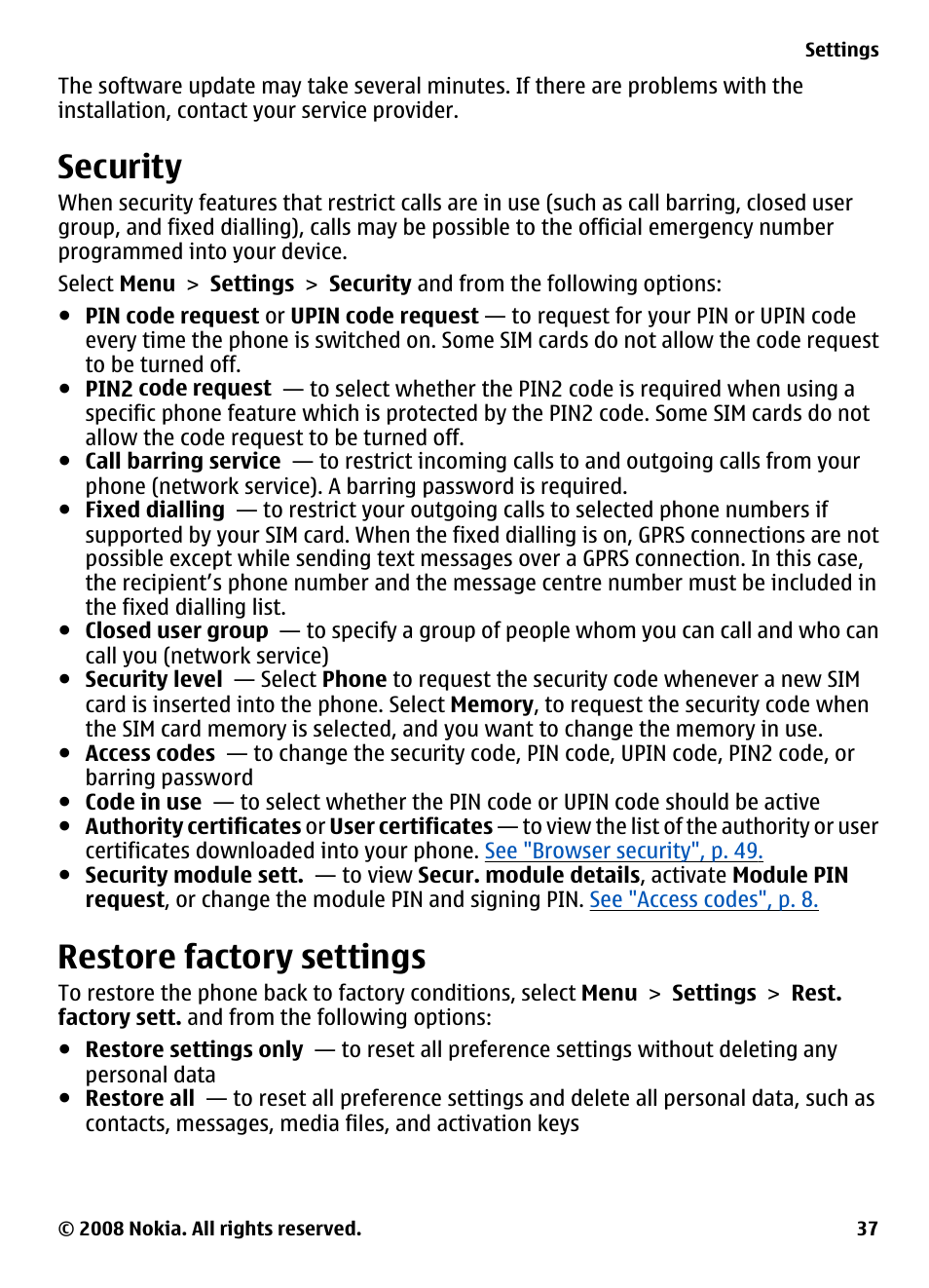 Security, Restore factory settings, See "restore factory settings", p. 37 | Nokia 7610 Supernova User Manual | Page 37 / 58