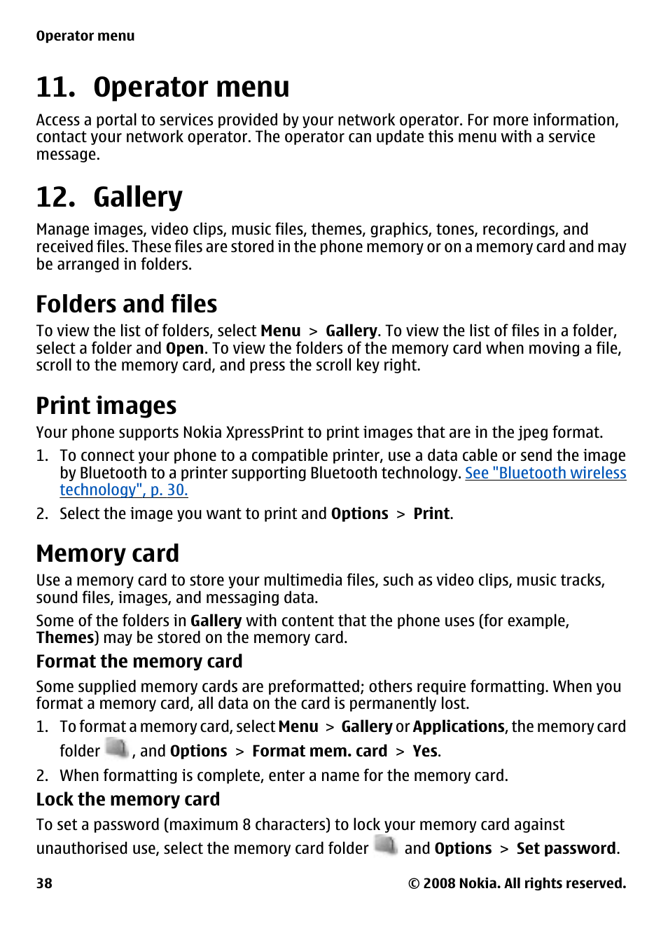 Operator menu, Gallery, Folders and files | Print images, Memory card, Operator menu 12. gallery | Nokia 7610 Supernova User Manual | Page 38 / 58