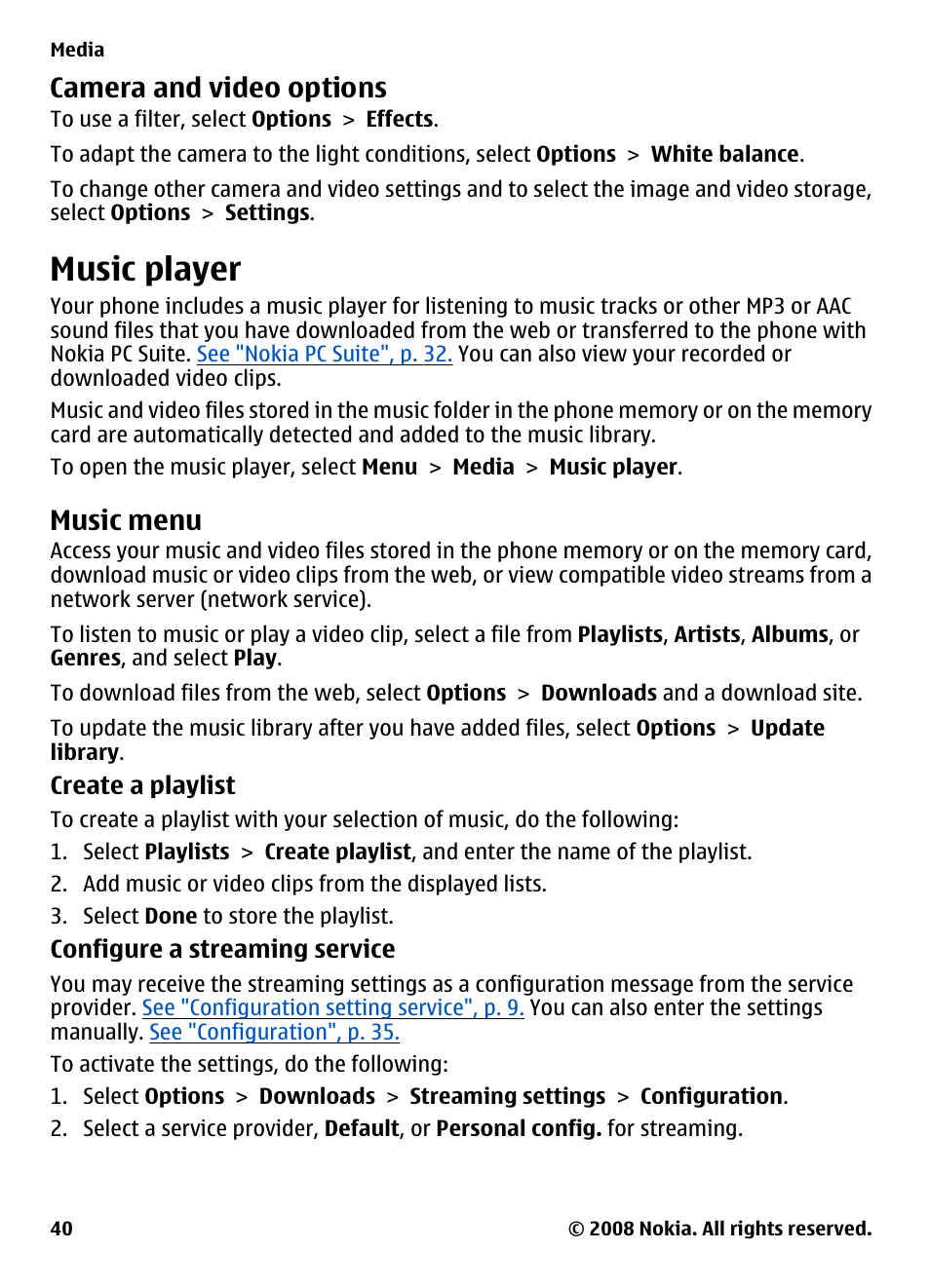 Camera and video options, Music player, Music menu | Nokia 7610 Supernova User Manual | Page 40 / 58