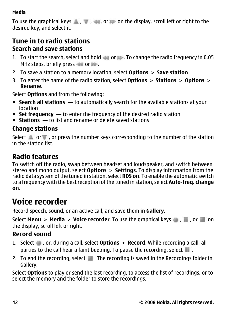 Tune in to radio stations, Radio features, Voice recorder | Nokia 7610 Supernova User Manual | Page 42 / 58