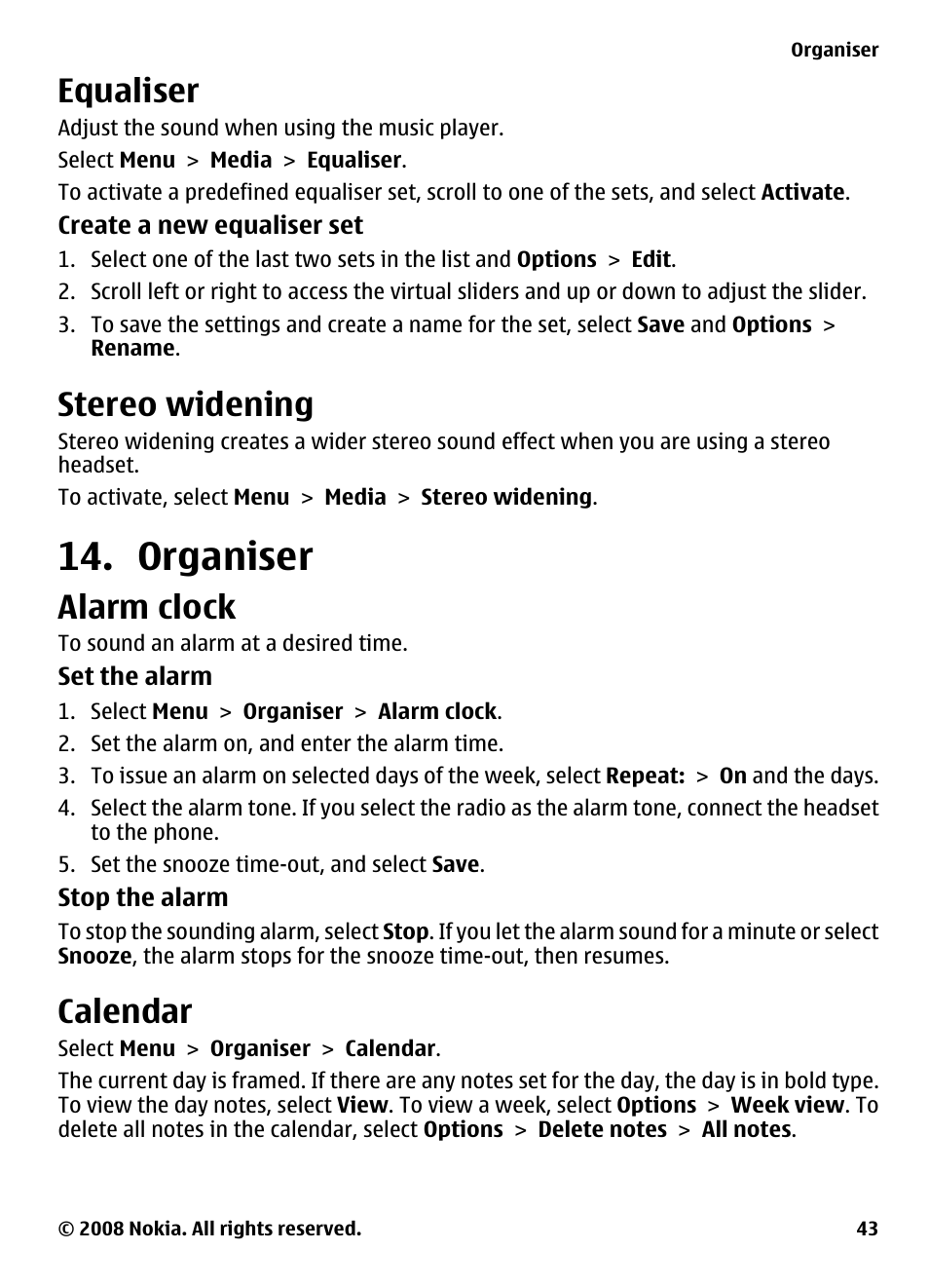 Equaliser, Stereo widening, Organiser | Alarm clock, Calendar | Nokia 7610 Supernova User Manual | Page 43 / 58