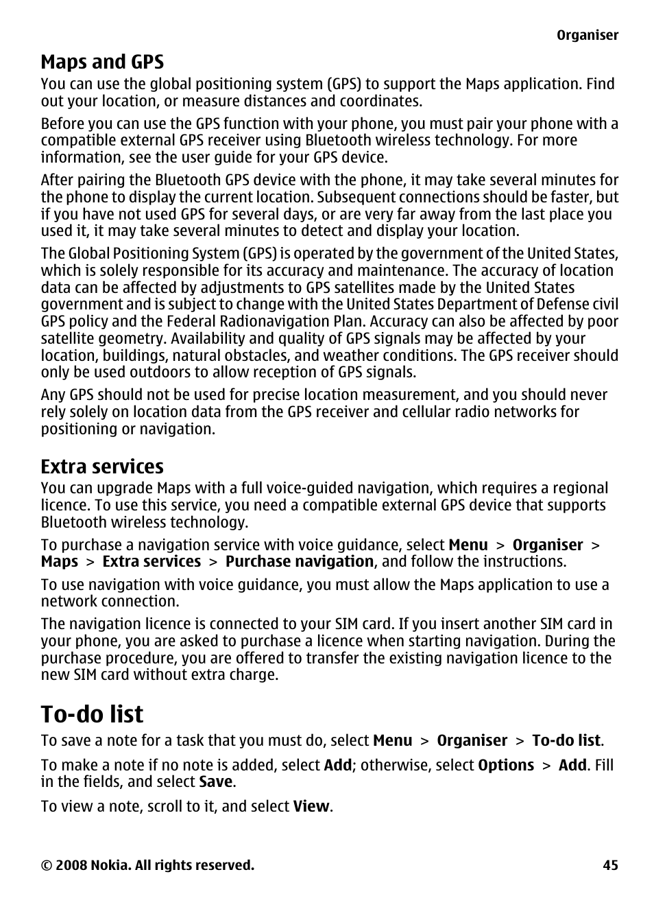 Maps and gps, Extra services, To-do list | Nokia 7610 Supernova User Manual | Page 45 / 58