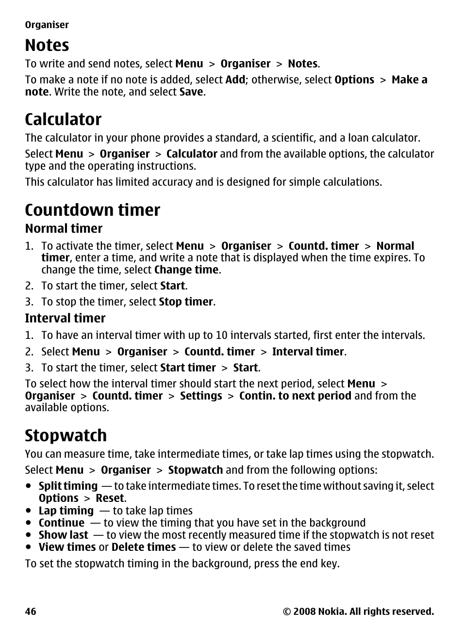 Notes, Calculator, Countdown timer | Stopwatch | Nokia 7610 Supernova User Manual | Page 46 / 58