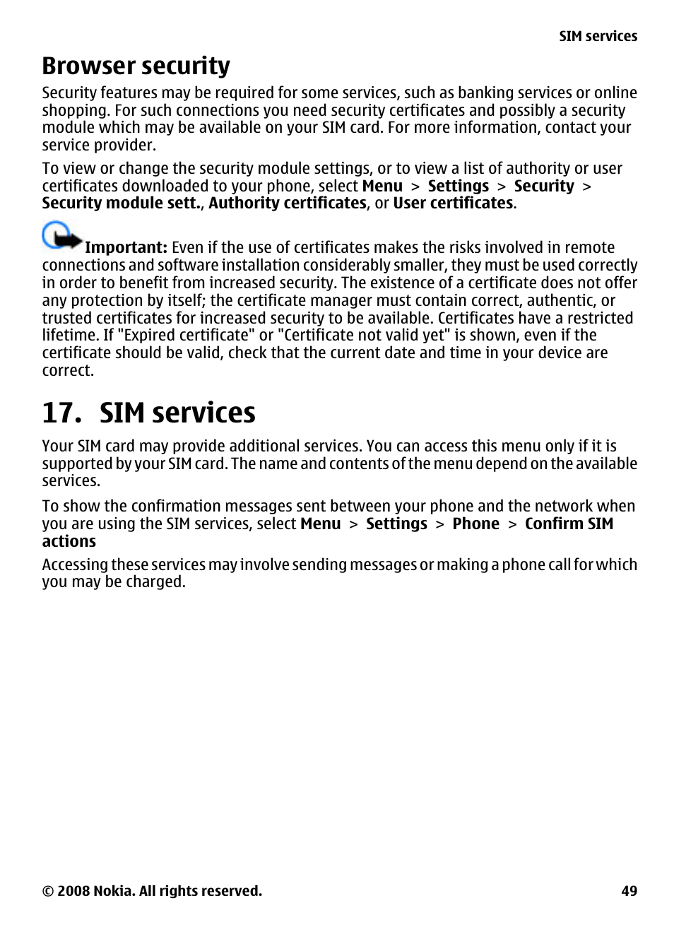 Browser security, Sim services, See "sim services", p. 49 | Nokia 7610 Supernova User Manual | Page 49 / 58