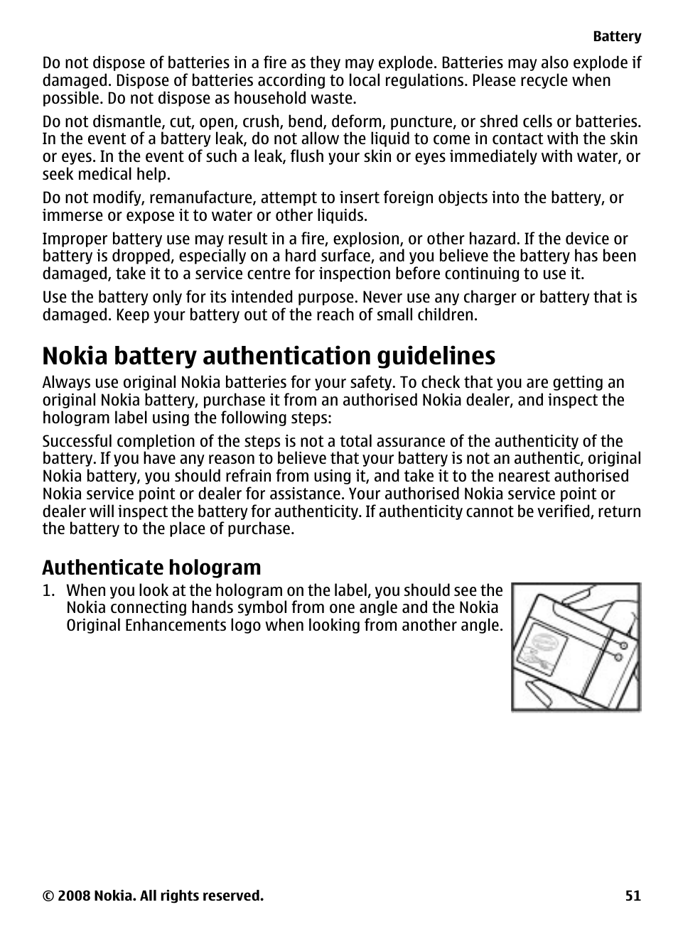 Nokia battery authentication guidelines, Authenticate hologram, Nokia battery authentication | Guidelines | Nokia 7610 Supernova User Manual | Page 51 / 58