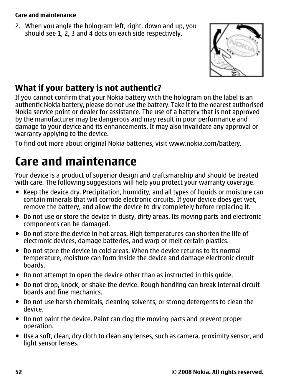 What if your battery is not authentic, Care and maintenance, What if your battery is not | Authentic | Nokia 7610 Supernova User Manual | Page 52 / 58