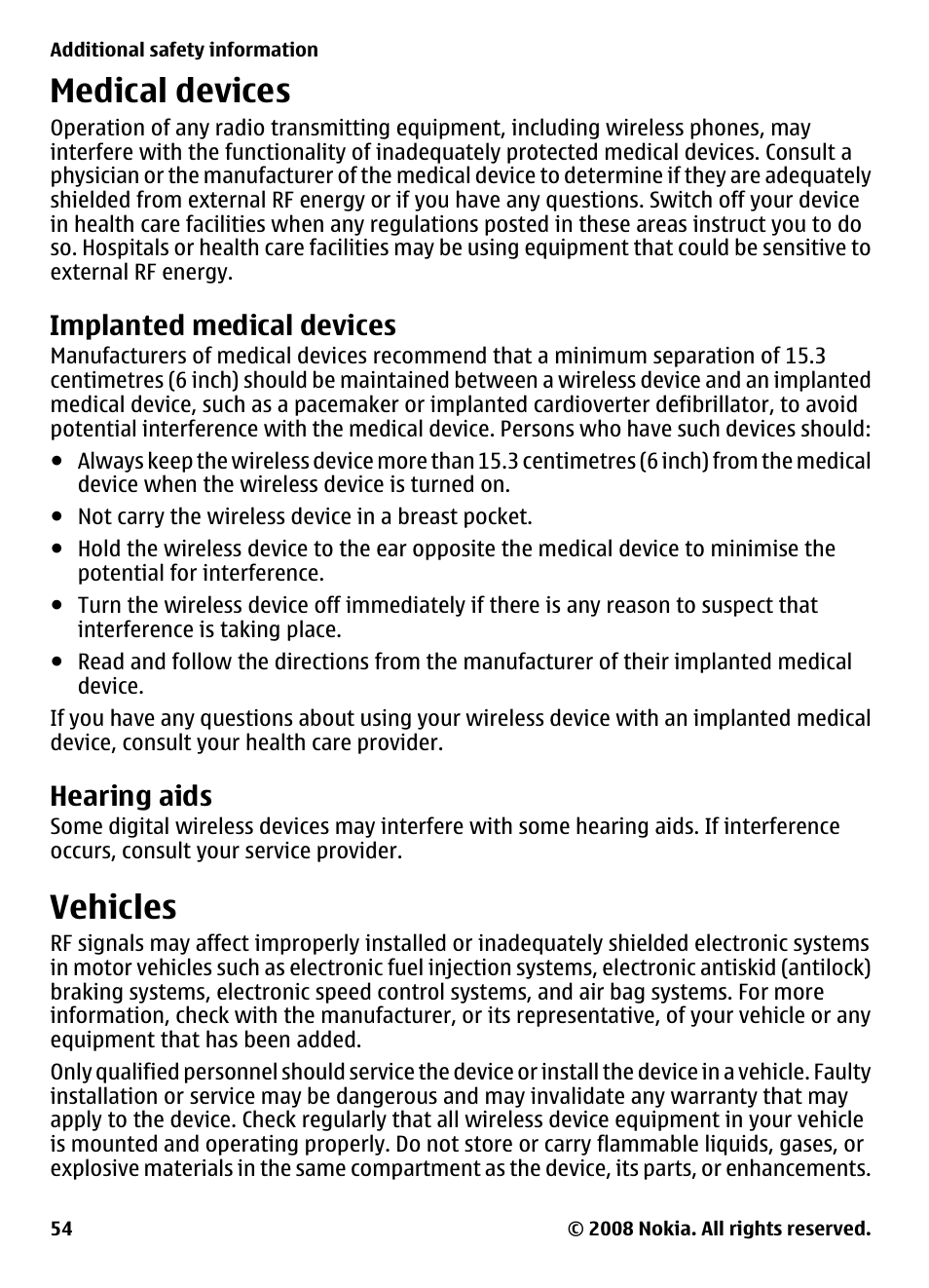 Medical devices, Implanted medical devices, Hearing aids | Vehicles | Nokia 7610 Supernova User Manual | Page 54 / 58