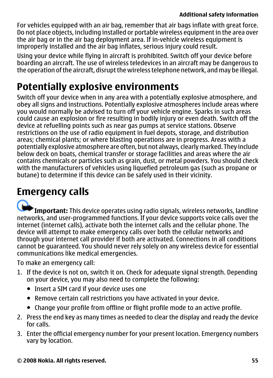 Potentially explosive environments, Emergency calls, Potentially explosive | Environments | Nokia 7610 Supernova User Manual | Page 55 / 58