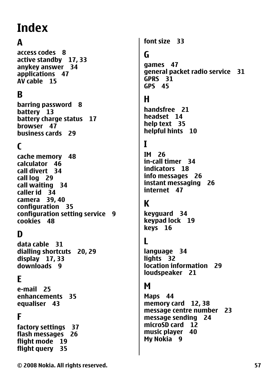 Index | Nokia 7610 Supernova User Manual | Page 57 / 58