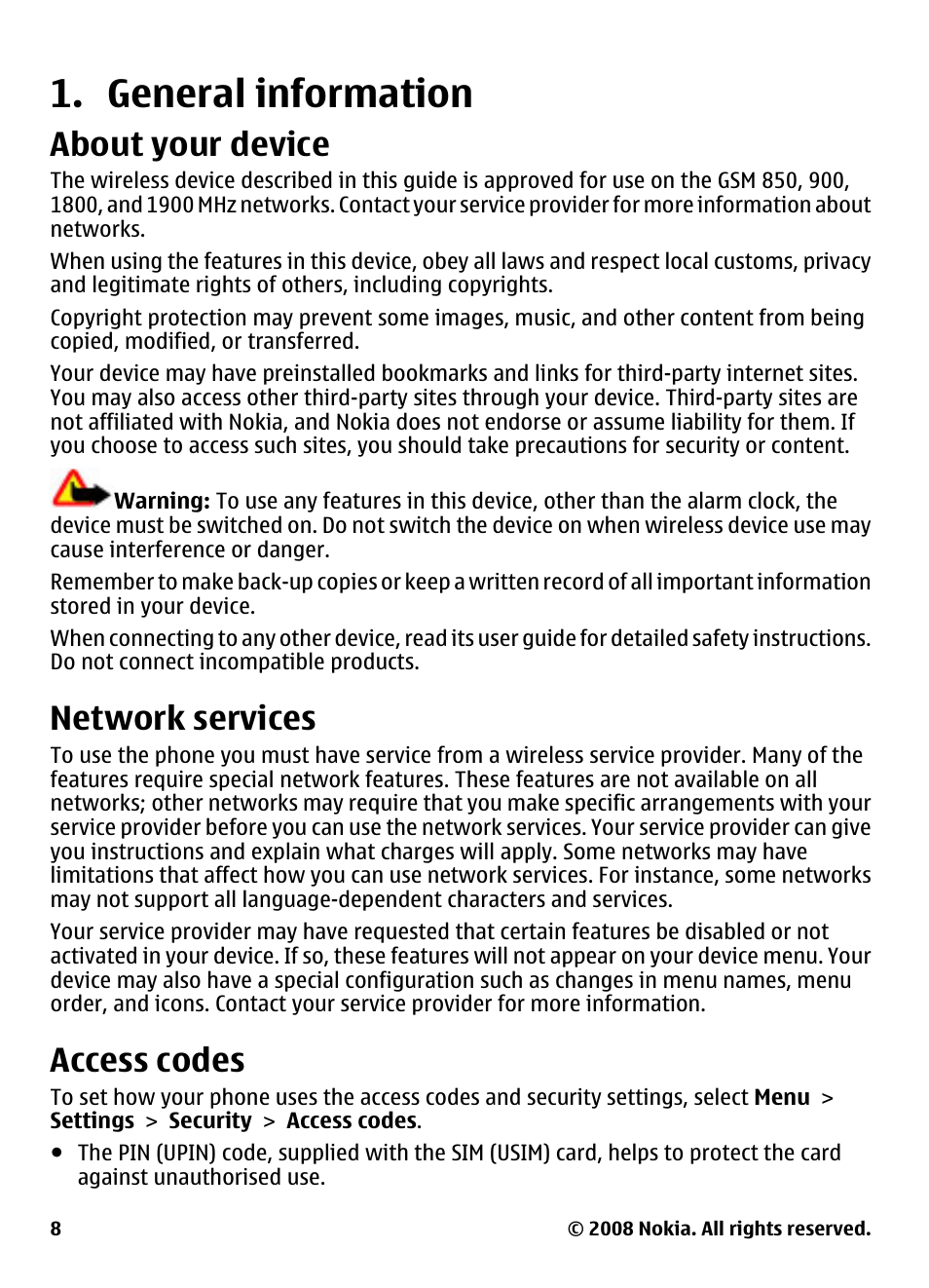 General information, About your device, Network services | Access codes | Nokia 7610 Supernova User Manual | Page 8 / 58