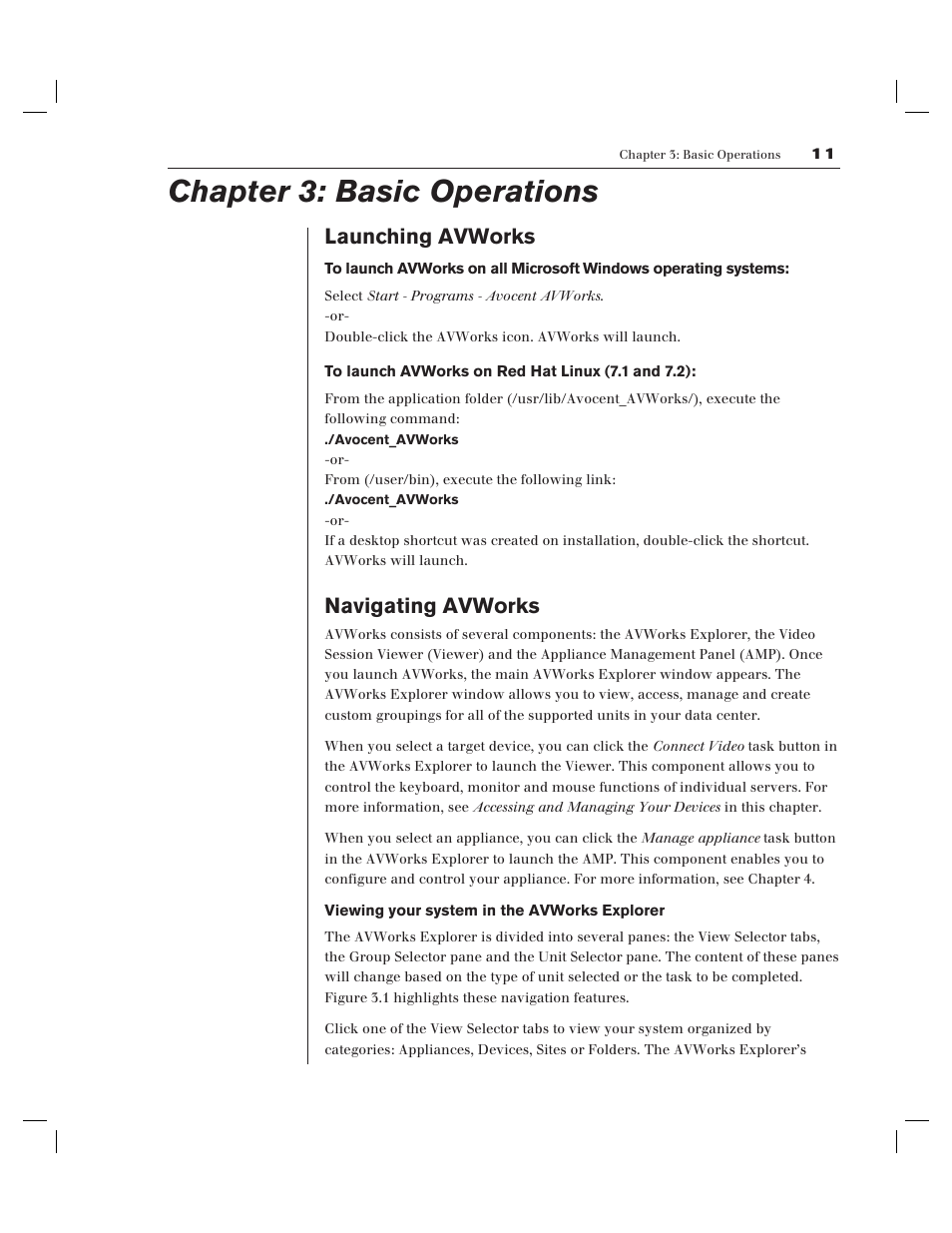 Chapter 3: basic operations, Launching avworks, Navigating avworks | Avocent AV Works User Manual | Page 16 / 91