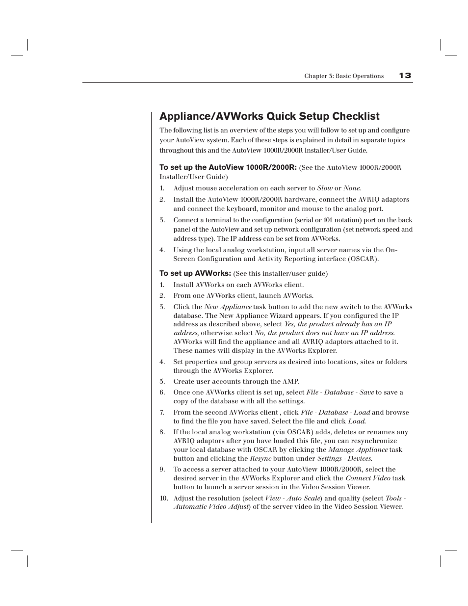 Appliance/ avworks quick setup checklist | Avocent AV Works User Manual | Page 18 / 91