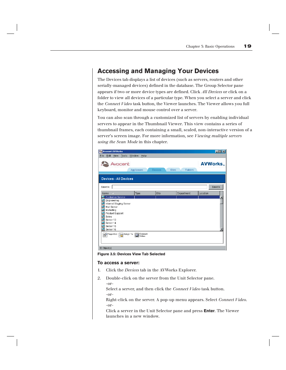 Accessing and managing your devices | Avocent AV Works User Manual | Page 24 / 91