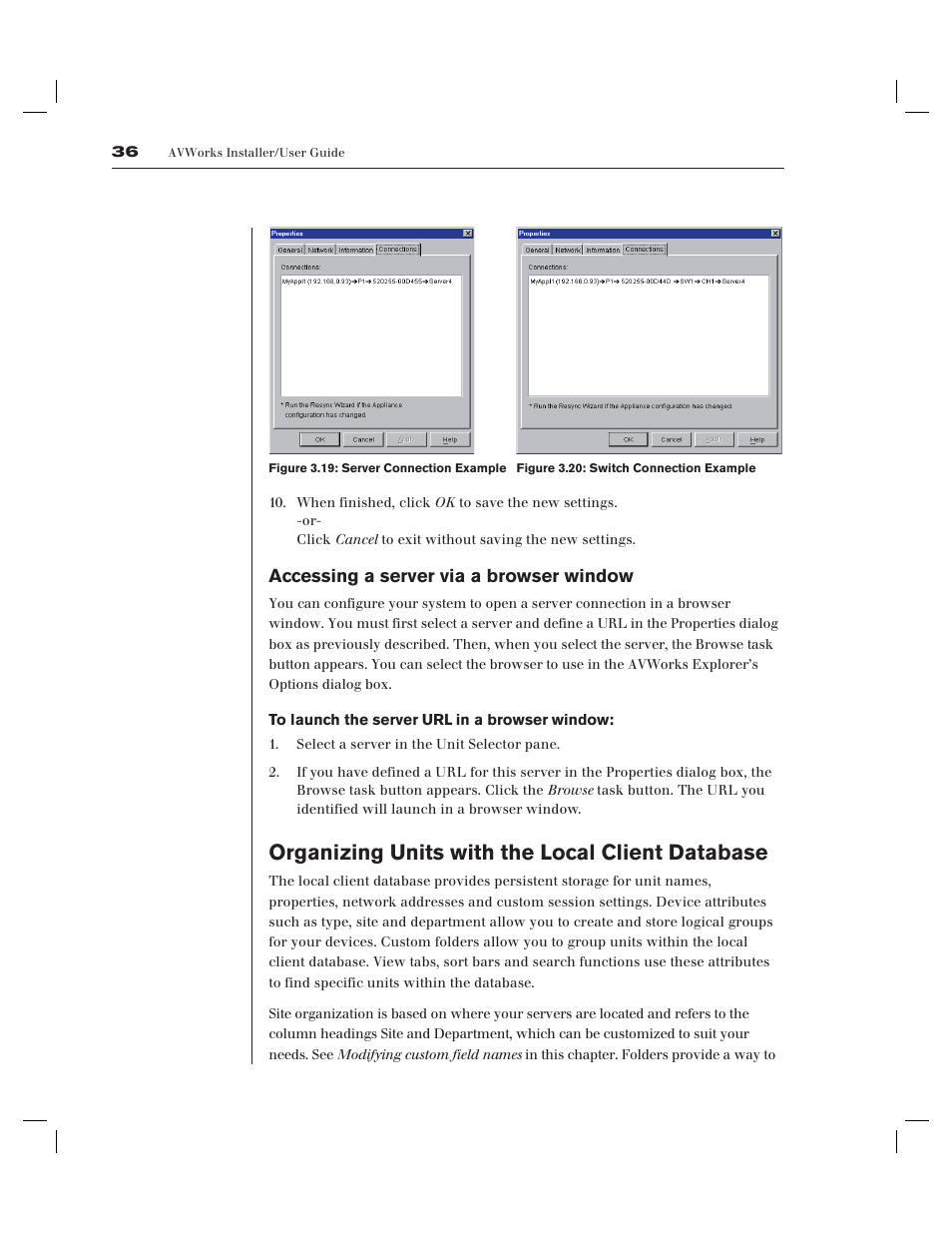 Organizing units with the local client database, Accessing a server via a browser window | Avocent AV Works User Manual | Page 41 / 91