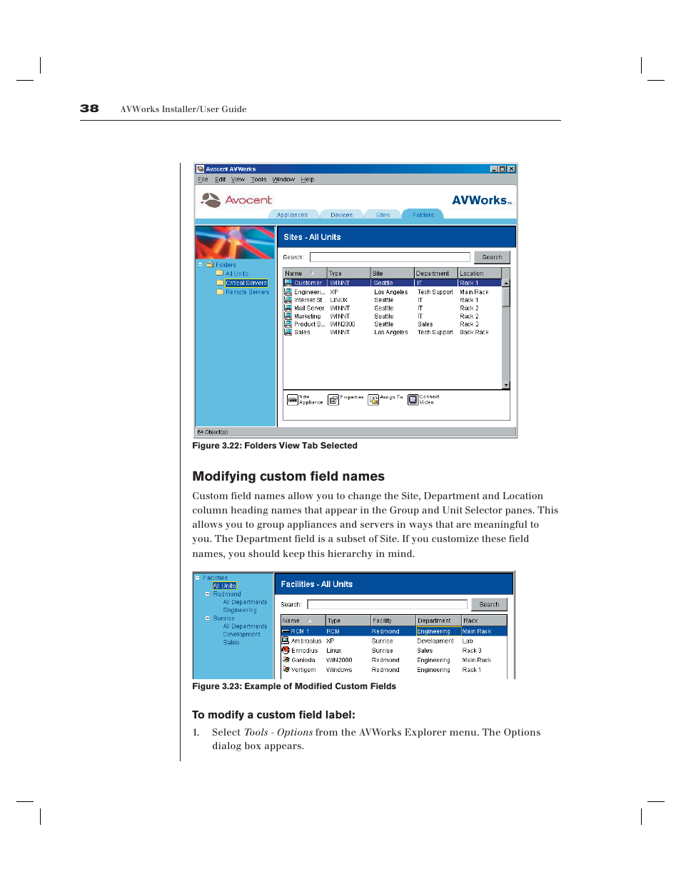 Modifying custom field names | Avocent AV Works User Manual | Page 43 / 91