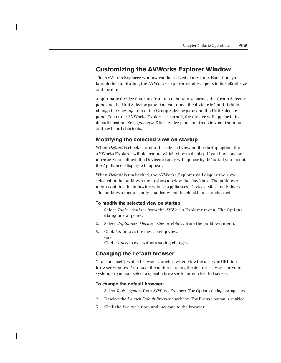 Customizing the avworks explorer window, Modifying the selected view on startup, Changing the default browser | Avocent AV Works User Manual | Page 48 / 91