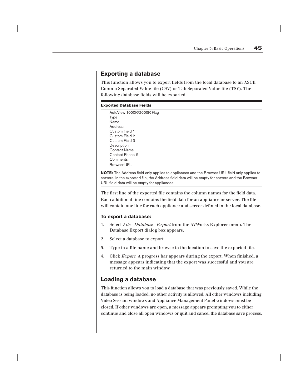 Exporting a database, Loading a database | Avocent AV Works User Manual | Page 50 / 91