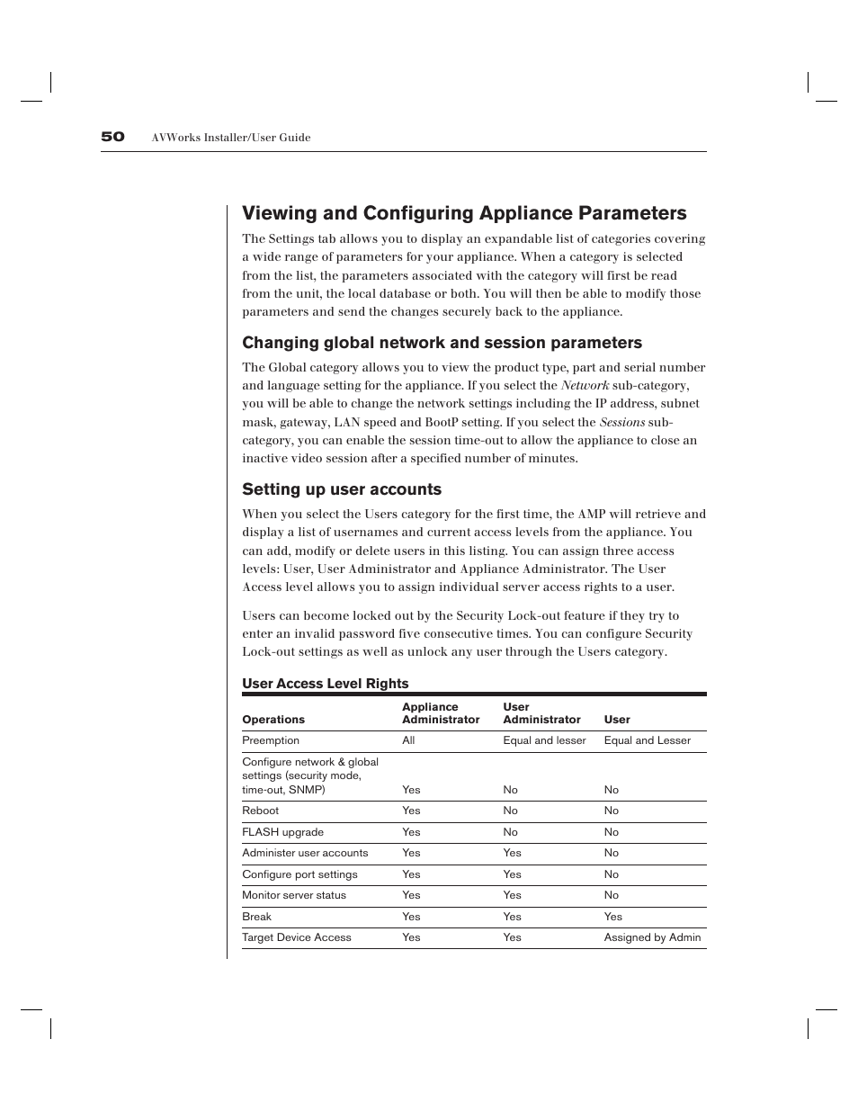 Viewing and configuring appliance parameters, Changing global network and session parameters, Setting up user accounts | Avocent AV Works User Manual | Page 55 / 91