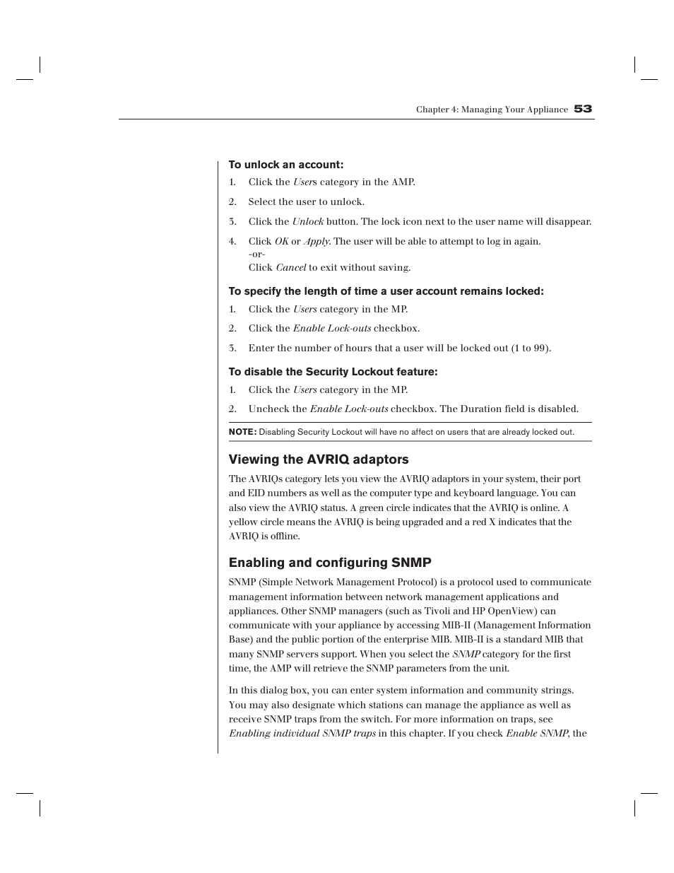 Viewing the avriq adaptors, Enabling and configuring snmp | Avocent AV Works User Manual | Page 58 / 91