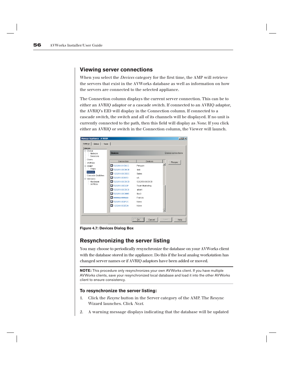 Viewing server connections, Resynchronizing the server listing | Avocent AV Works User Manual | Page 61 / 91